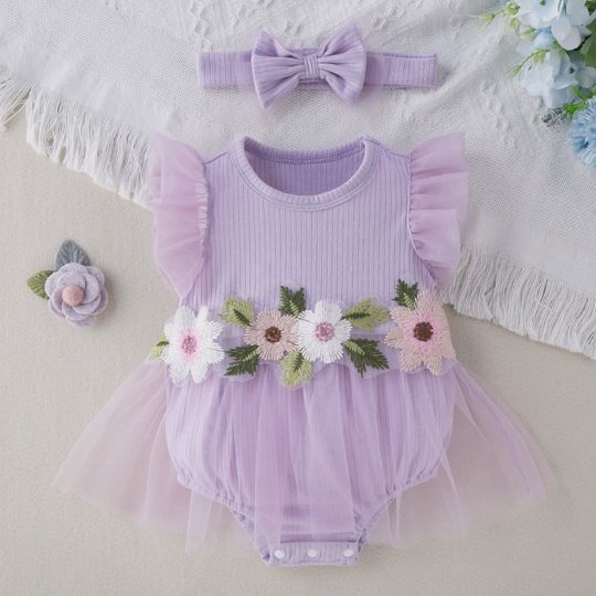 【0M-18M】Girls' Cap Sleeve Romper Dress – Stylish Cute Floral One-Piece