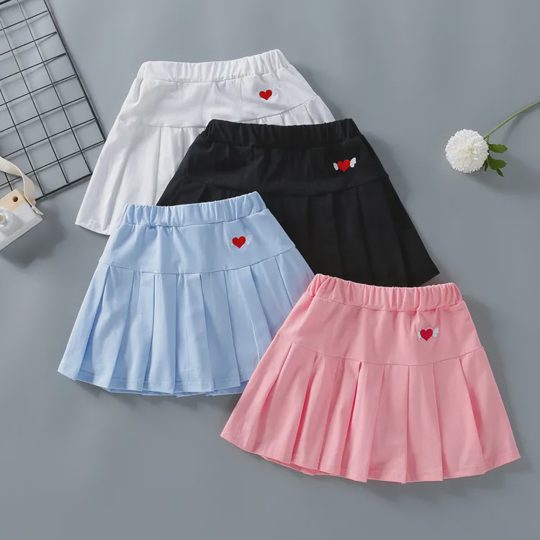 【3Y-12Y】Girls Sweet Heart Embroidered Pleated Skirt