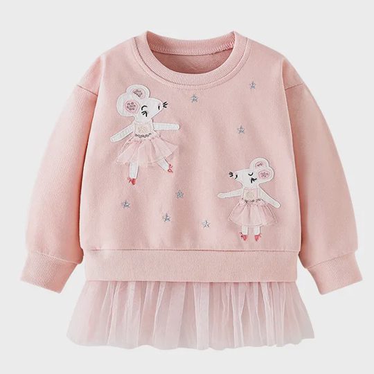 【18M-8Y】Girls Fashion Sweet Cartoon Mouse And Star Embroidered Pink Sweatshirt
