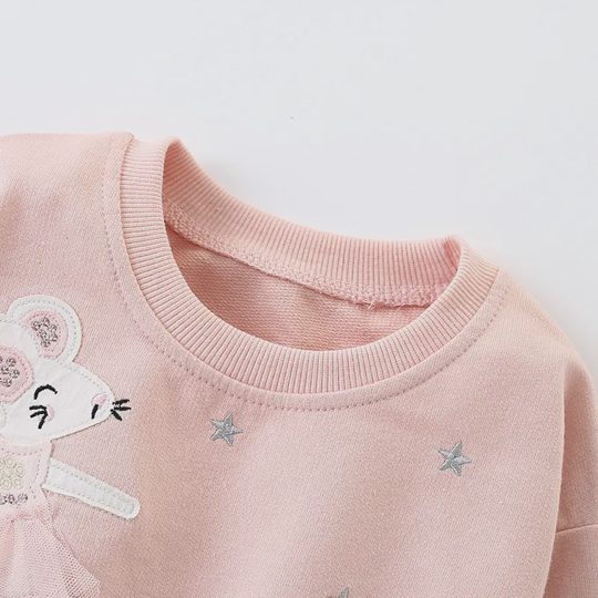 【18M-8Y】Girls Fashion Sweet Cartoon Mouse And Star Embroidered Pink Sweatshirt